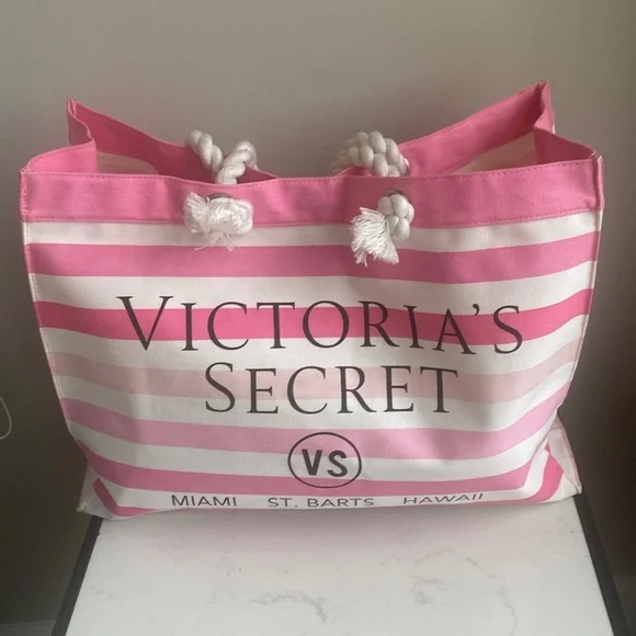 Victoria's Secret Pink & White Striped Tote beach bag with Miami St Bart Hawaii - Picture 1 of 10